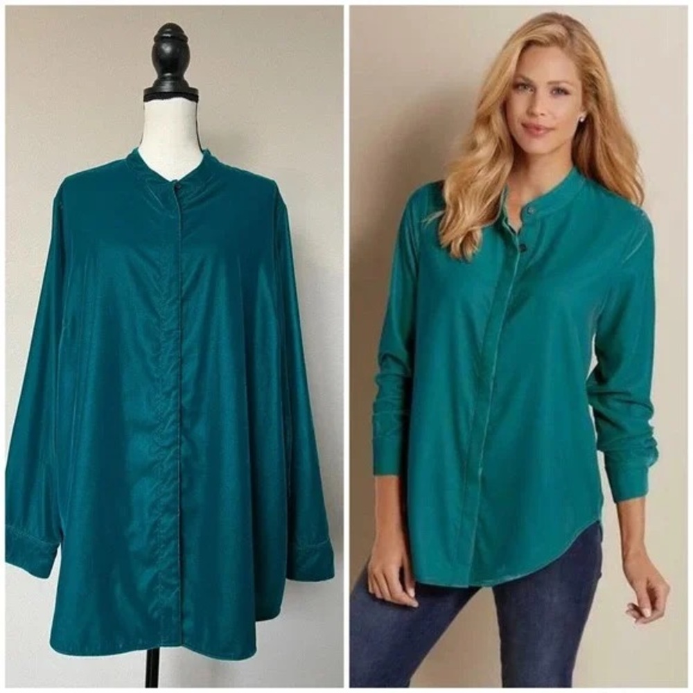 Soft Surroundings Blue Boxy Button Down‎ Shirt with Mandarin Collar